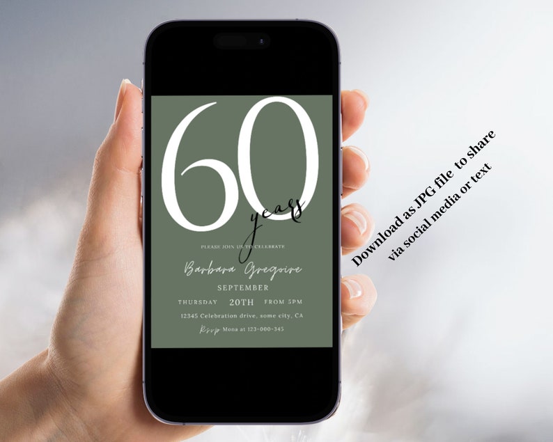 May include: A digital invitation for a 60th birthday party. The invitation is green with white text and features the number 60 with the word "years" underneath. The invitation includes the name "Barbara Gregoire", the date "September 20th", and the time "from 5pm".