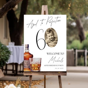 Aged To Perfection Birthday Sign With Photo, 40th 50th 60th 70th or Any Age Welcome Birthday Banner Editable Party Decor Canva Template, 86