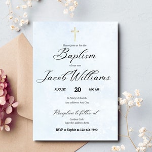 Invitación de bautismo niño descarga digital, plantilla de invitación de bautismo azul, invitación de bautizo de acuarela azul bebé, plantilla Canva 002