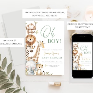 Puede incluir: Una invitaci&oacute;n a un baby shower con tem&aacute;tica de safari. La invitaci&oacute;n presenta ilustraciones de una jirafa, un le&oacute;n, una cebra, un elefante y un leopardo. El texto dice "Oh Boy!" e incluye detalles para el baby shower de Jennifer Green. La invitaci&oacute;n se muestra en un tel&eacute;fono e impresa.