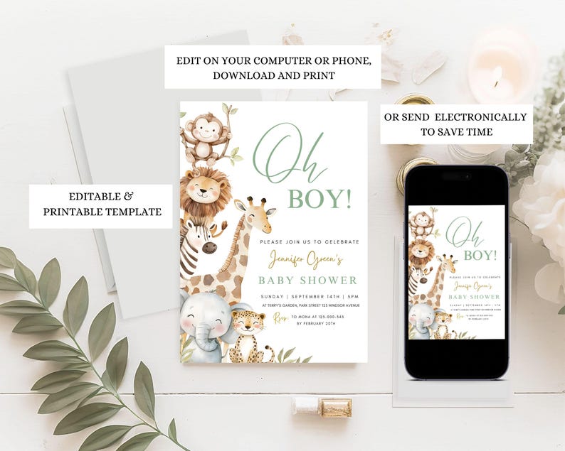 Puede incluir: Una invitaci&oacute;n a un baby shower con tem&aacute;tica de safari. La invitaci&oacute;n presenta ilustraciones de una jirafa, un le&oacute;n, una cebra, un elefante y un leopardo. El texto dice "Oh Boy!" e incluye detalles para el baby shower de Jennifer Green. La invitaci&oacute;n se muestra en un tel&eacute;fono e impresa.