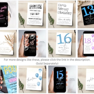 Op de afbeelding: Een verzameling verjaardagsfeestuitnodigingen, zowel digitaal als gedrukt. Ontwerpen omvatten smartphoneschermen met feestdetails en kaarten met leeftijdsnummers en tekst zoals "Bruh, it's my birthday" en "thirteen."