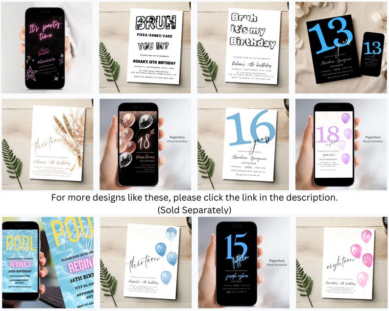 Op de afbeelding: Een verzameling verjaardagsfeestuitnodigingen, zowel digitaal als gedrukt. Ontwerpen omvatten smartphoneschermen met feestdetails en kaarten met leeftijdsnummers en tekst zoals "Bruh, it's my birthday" en "thirteen."