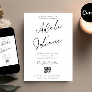 Hochzeitseinladung QR-Code, Minimalistische Hochzeitseinladungsvorlage, Hochzeitseinladung mit QR-Code rsvp, Einfache Einladung Canva 003