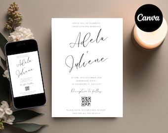 May include: A white wedding invitation with black text. The invitation reads "Invite you to celebrate their love and marriage Adela + Juliene" and includes the date, time, and location of the wedding. A QR code is included at the bottom of the invitation.