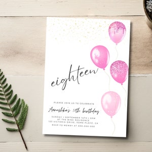 18th Birthday Invitation, Pink 18 Year Old Girl Invite, Teenager Birthday Party Invitation Template, Digital Download, Printable, Canva 28