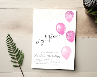 18th Birthday Invitation, Pink 18 Year Old Girl Invite, Teenager Birthday Party Invitation Template, Digital Download, Printable, Canva 28