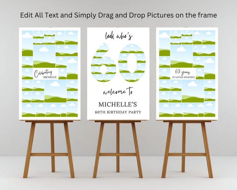 May include: Three wooden easels display white signs with text and photo collages. The center sign reads "look who's 60 welcome to MICHELLE'S 60TH BIRTHDAY PARTY." The other signs say "Celebrating MICHELLE" and "60 years of loving memories."