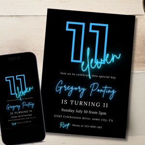11th Birthday Invitation Boy, Digital Download, Blue Neon Birthday Invites, Eleventh Birthday Party Template, Printable or Text Canva 56