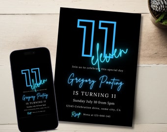 Blue Neon 11th Birthday Invitation Template (Digital Download) - 56