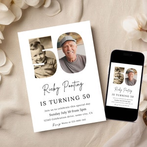 May include: A white invitation card and a smartphone displaying a birthday party invitation. The invitation features the text "Ricky Ponting IS TURNING 50" with a photo of a man and a child. The invitation also includes event details.