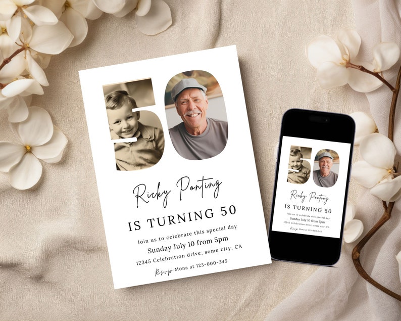 May include: A white invitation card and a smartphone displaying a birthday party invitation. The invitation features the text "Ricky Ponting IS TURNING 50" with a photo of a man and a child. The invitation also includes event details.