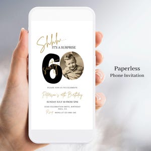 Överraskningsinbjudan till 60-årsdag, digital nedladdning, inbjudan till 60-årsfest med foto för män eller kvinnor, telefon, sms-inbjudan Canva 168