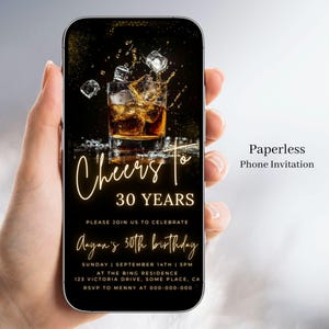 30e verjaardagsuitnodigingen man, digitale download, whiskythema Cheers to 30 jaar, elke leeftijd nodigt uit bewerkbare sjabloon Canva-tekst Evite 204