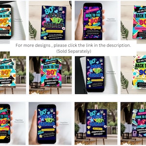 May include: A set of 10 printable birthday party invitations with a 90s theme. The invitations feature bright colours, geometric shapes, and text that says "Back to the 90s".