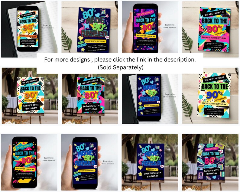 May include: A set of 10 printable birthday party invitations with a 90s theme. The invitations feature bright colours, geometric shapes, and text that says "Back to the 90s".