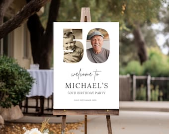 50th Birthday Welcome Sign With Photo, Digital Download, Party Banner For Him Editable & Printable Birthday Poster Men, Canva Template 27