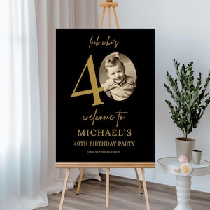 Panneau de bienvenue pour 40e anniversaire avec photo, bannière de fête noir et or pour homme ou femme, téléchargement numérique, panneau de jardin imprimable modifiable, affiche 77