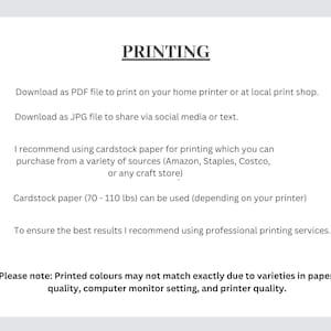 Puede incluir: Fondo blanco con la palabra &laquo;PRINTING&raquo; en negro. El texto explica c&oacute;mo descargar e imprimir archivos, incluyendo el uso de cartulina y servicios de impresi&oacute;n profesionales. Los colores impresos pueden variar.