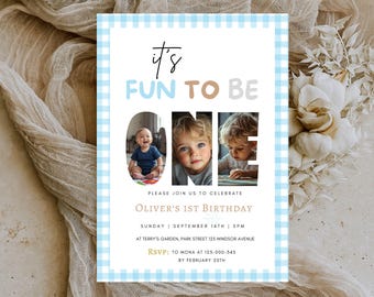 Invitación de cumpleaños "Fun to Be One", tarjeta de primer cumpleaños con foto, editable, imprimible o con texto n.° 111