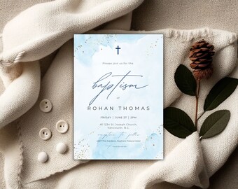 May include: Blue and gold watercolor baptism invitation with the text "Please join us for the baptism of Rohan Thomas, Friday June 27 | 2PM, At 1234 St. Joseph Church, Vancouver, B.C., reception to follow 4567 The Gardens, Sophie's Palace Hotel"