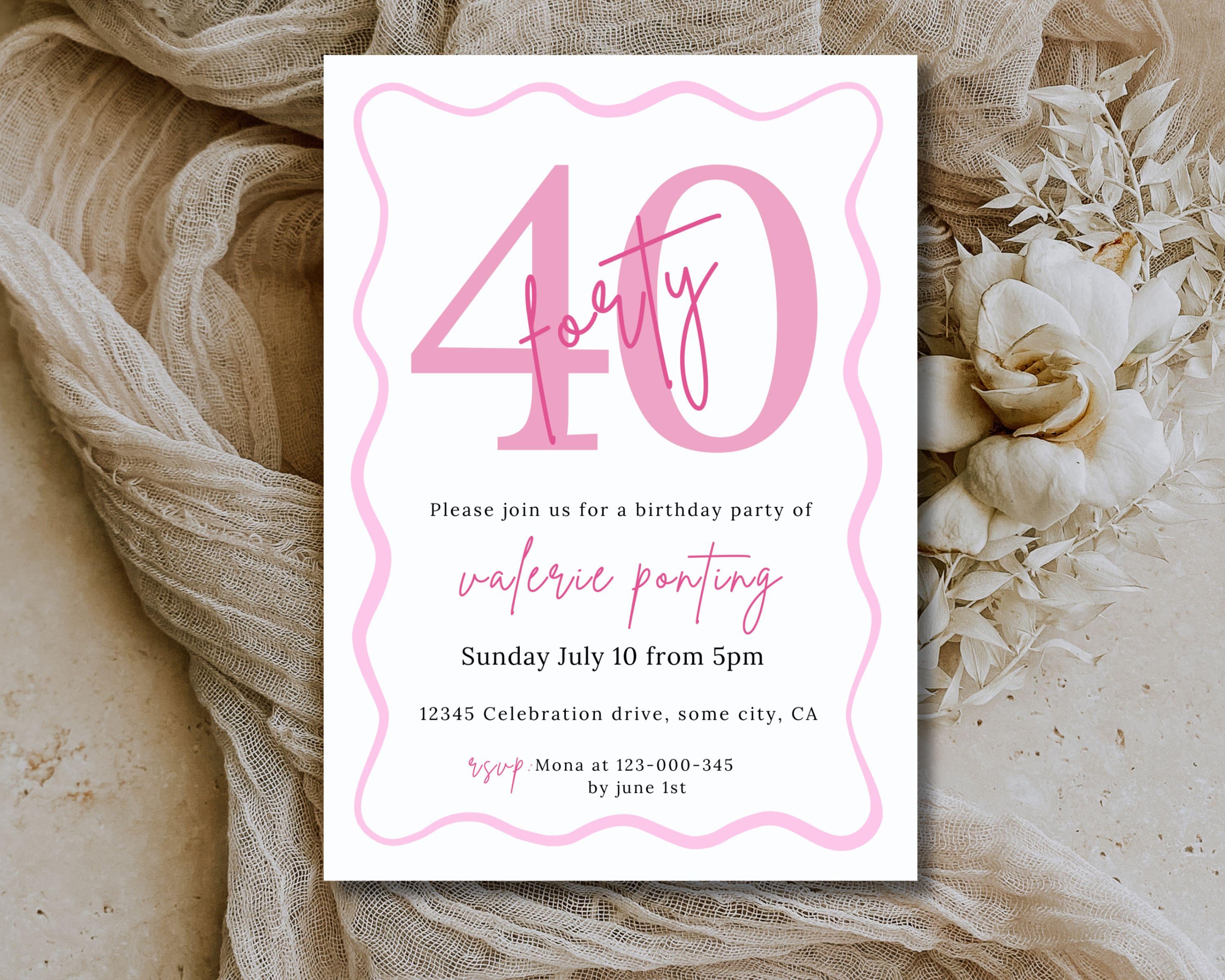 40th Birthday Invitation for Women, Pink Wavy Border, Fortieth Birthday ...