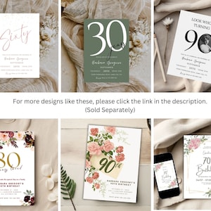 May include: A collection of birthday party invitations with floral and gold accents. The invitations feature the numbers 30, 60, 70, 80, and 90, along with the text "Barbara Gregory" and event details. The invitations are displayed on a neutral background.