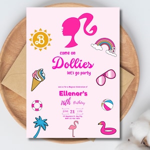 Doll Party Invitation, Doll Birthday Party, Hot Pink Birthday Party Invitation, Pink Doll Birthday Invitation, Doll Invitation Template 005