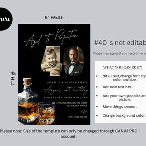 May include: Black and white birthday invitation with a photo of a young boy and a man. The invitation says "Aged to Perfection" and "Please join us to celebrate [name]'s 40th birthday".