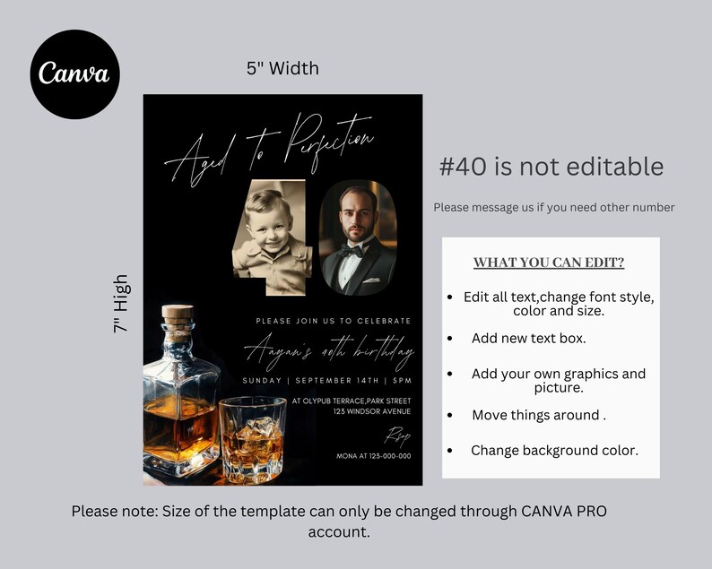 May include: Black and white birthday invitation with a photo of a young boy and a man. The invitation says "Aged to Perfection" and "Please join us to celebrate [name]'s 40th birthday".