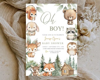 Woodland Baby Shower Invitation, Boho Forest Animals Shower Invite, Editable & Printable (Digital Download) - 05