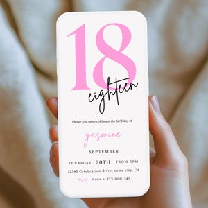 Pink 18th Birthday Invitation, Editable Template (Digital Phone invite) 07