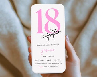 Pink 18th Birthday Invitation, Editable Template (Digital Phone invite) 07