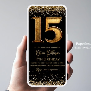 Digital 15th Birthday Invitation Boy, Black Gold 15th Invite, Online E-Card Text Phone Evite, Canva Template Download,Teenager Birthday  80