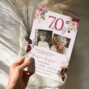 写真付き花柄70歳の誕生日招待状、70歳の誕生日招待状デジタルダウンロード、男性向けまたは女性向け、編集可能な印刷可能なカードCanvaテンプレート216
