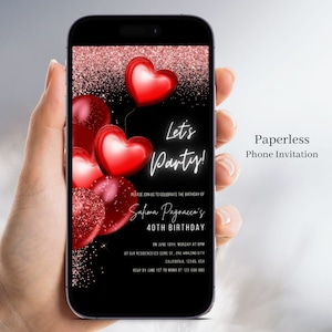 Invito di compleanno elettronico nero rosso per donne, invito digitale, download istantaneo, testo mobile invito compleanno Canva Evite, Kar 52