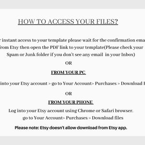 Op de afbeelding: Witte infographic met de titel "HOW TO ACCESS YOUR FILES?" en instructies over het downloaden van bestanden van Etsy. Het adviseert om spammappen te controleren en een computer of telefoonbrowser te gebruiken.