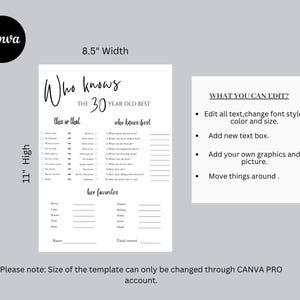 Puede incluir: Una plantilla de juego imprimible en blanco y negro con el texto "Who knows the 30 year old best". La plantilla incluye secciones para rellenar preguntas de "this or that" y "who knows best", y "her favorites". La plantilla mide 21,59 cm de ancho y 27,94 cm de alto.