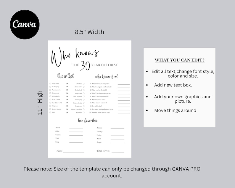 Puede incluir: Una plantilla de juego imprimible en blanco y negro con el texto "Who knows the 30 year old best". La plantilla incluye secciones para rellenar preguntas de "this or that" y "who knows best", y "her favorites". La plantilla mide 21,59 cm de ancho y 27,94 cm de alto.