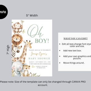 Puede incluir: Una plantilla de invitaci&oacute;n para baby shower con tem&aacute;tica de animales de la selva. El dise&ntilde;o presenta un mono, un le&oacute;n, una cebra, una jirafa, un elefante y un leopardo. La invitaci&oacute;n mide 12.7 cm de ancho y 17.8 cm de alto, con el texto "Oh Boy!" y detalles del evento.