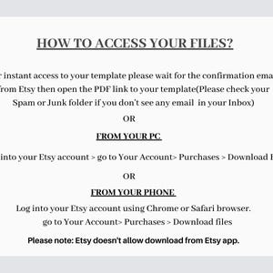 Puede incluir: Un documento blanco con texto negro que proporciona instrucciones sobre c&oacute;mo acceder a los archivos despu&eacute;s de la compra. El texto incluye pasos para acceder a los archivos por correo electr&oacute;nico, PC y tel&eacute;fono, con una nota sobre las descargas de la aplicaci&oacute;n Etsy.