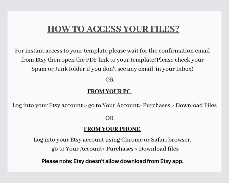 Puede incluir: Un documento blanco con texto negro que proporciona instrucciones sobre c&oacute;mo acceder a los archivos despu&eacute;s de la compra. El texto incluye pasos para acceder a los archivos por correo electr&oacute;nico, PC y tel&eacute;fono, con una nota sobre las descargas de la aplicaci&oacute;n Etsy.
