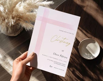 Convite de Batismo para Menina Digital para Download, Convite de Batismo com Cruz Rosa, Consagração de Menina, Evite de Primeira Comunhão Editável 014
