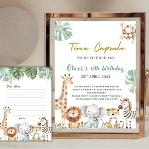 May include: A gold-framed time capsule sign and matching card. The sign reads "Time Capsule" and includes the text "Oliver's 18th birthday, 20th April, 2044." The card says "Dear Oliver" and has lines for writing. Both feature jungle animal illustrations.