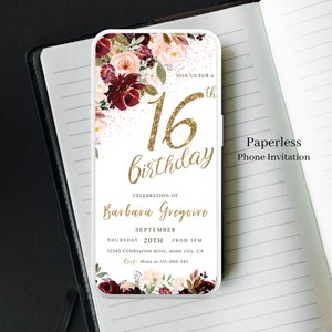 16. Geburtstagseinladung Digital, rosa und burgunderrote Blumen, Sweet 16 Einladungsvorlage, bearbeitbare Teenager-Geburtstagsfeier, Texteinladung 136