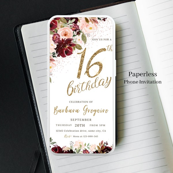 16th Birthday Invitation Digital, Pink and Burgundy Flowers, Sweet 16 Invitation Template, Editable Teenager Birthday Party ,Text invite 136