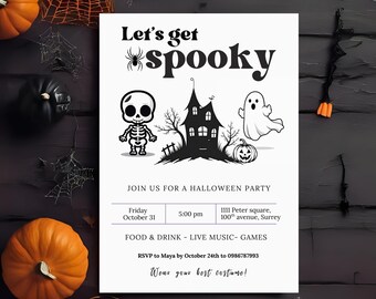 May include: A Halloween party invitation with the words "Let's get spooky" and Halloween-themed illustrations. The invitation includes the date, time, and location of the party, along with RSVP information.