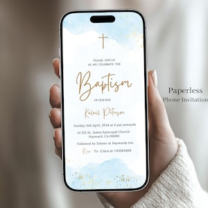 May include: A blue and gold digital invitation for a baptism. The invitation features a watercolor background with gold glitter. The text reads "Please join us as we celebrate the Baptism of our son Kalail Peterson. Sunday 11th April, 2024 at 6 pm onwards. At 123 St. James Episcopal Church Hayward, CA 09080. Followed by Dinner at Haywards Inn. Rsvp to Ciara at +10045469. Paperless Phone Invitation."