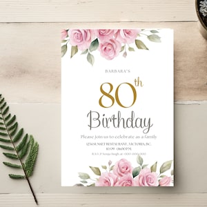 80. Geburtstags-Einladung, druckbare Blumen-Geburtstags-Einladung für Erwachsene Frauen, Rosen & Grüns Omas 80. Geburtstags-Party-Einladungskarte, 72