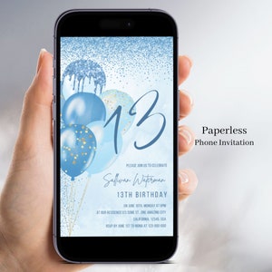 Invitation 13e anniversaire garçon numérique, bleu 13e anniversaire invitation pour lui, modèle d'invitation de fête d'anniversaire adolescent modifiable, texte inviter 19
